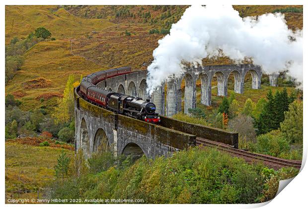 Steam train crossing Glenfinnan Viaduct Print by Jenny Hibbert