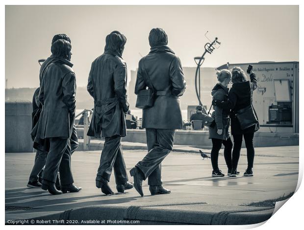 Selfie with the Beatles Statues, Liverpool Print by Robert Thrift