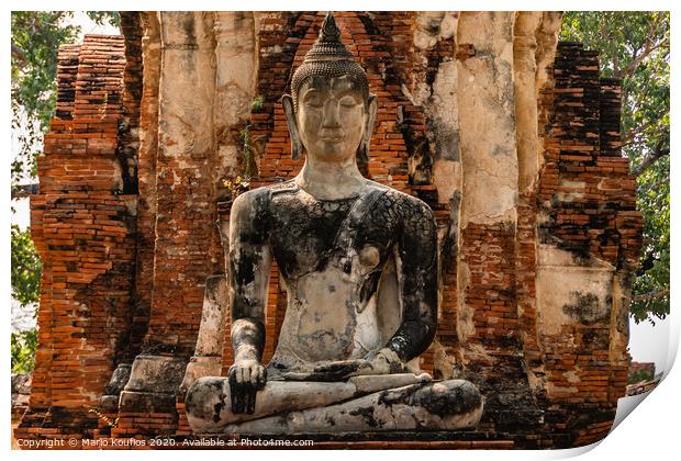 Close-up of a buddha in ruined temple Ayutthaya Thailand Print by Mario Koufios