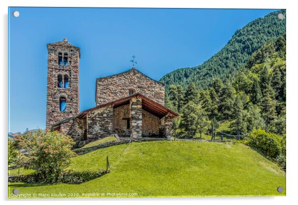 Hilltop and stone church facade in the Pyrenees. Andorra Europe Acrylic by Mario Koufios