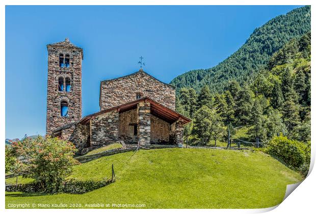 Hilltop and stone church facade in the Pyrenees. Andorra Europe Print by Mario Koufios