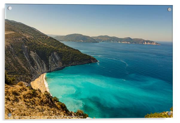 panoramic nuances of turquoise on the beach of Myrtos kefalonia Acrylic by Mario Koufios