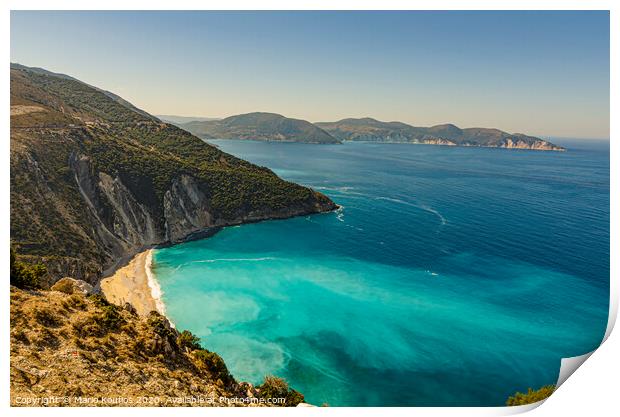 panoramic nuances of turquoise on the beach of Myrtos kefalonia Print by Mario Koufios