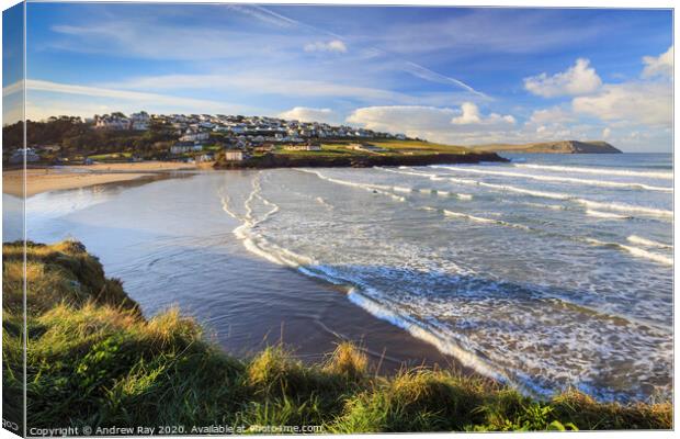 Polzeath at high tide Canvas Print by Andrew Ray