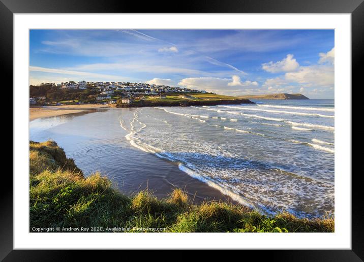 Polzeath at high tide Framed Mounted Print by Andrew Ray