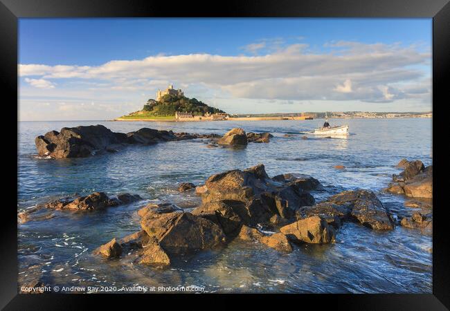 Boat in morning light (St Michael's Mount) Framed Print by Andrew Ray