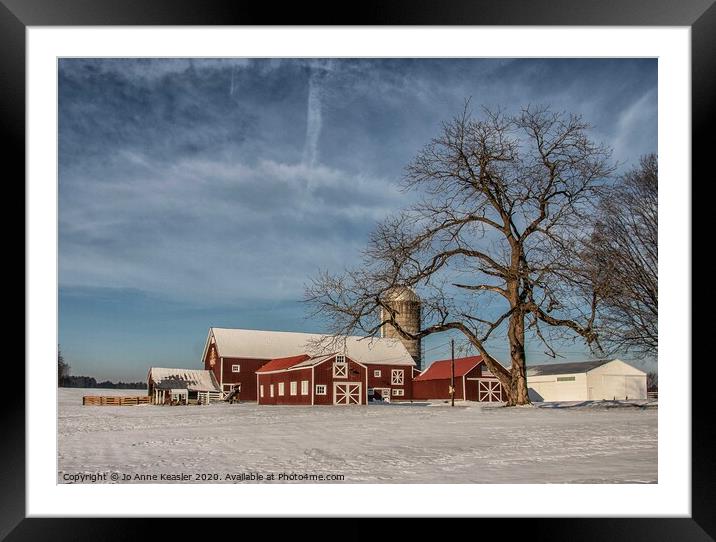 Red barn in the snow Framed Mounted Print by Jo Anne Keasler