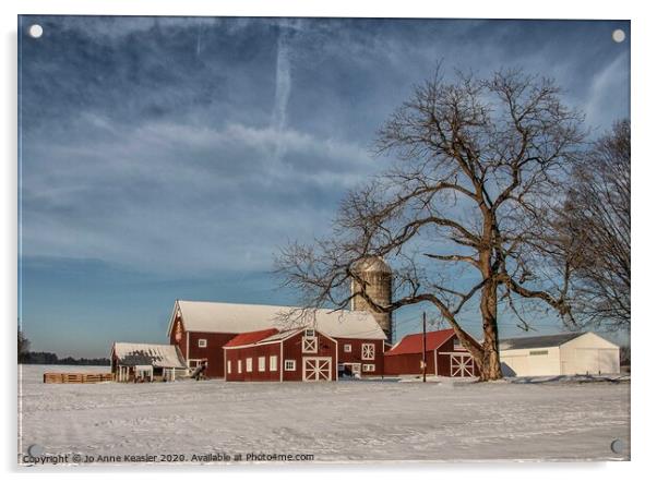 Red barn in the snow Acrylic by Jo Anne Keasler