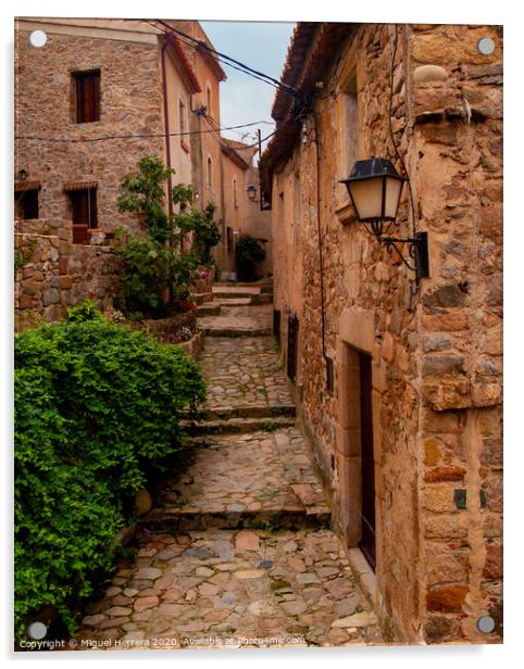 Mediterranean cobbled medieval street - Tossa De Mar Acrylic by Miguel Herrera