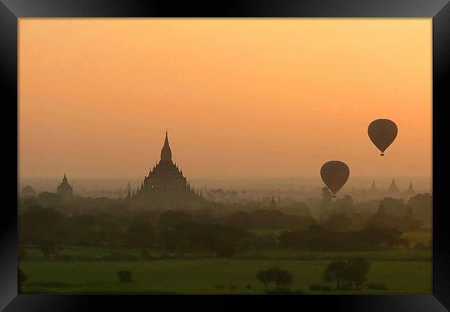 Two Balloons over Bagan at Sunrise, Myanmar Framed Print by Serena Bowles