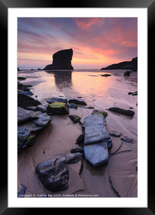 Bedruthan Beach at sunset Framed Mounted Print by Andrew Ray