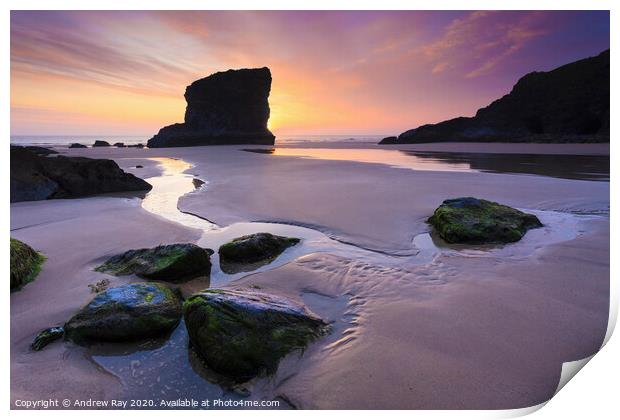 Bedruthan sunset Print by Andrew Ray