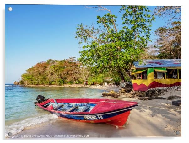 Fishing Boat at Winnifred Beach, Jamaica Acrylic by Karol Kozlowski