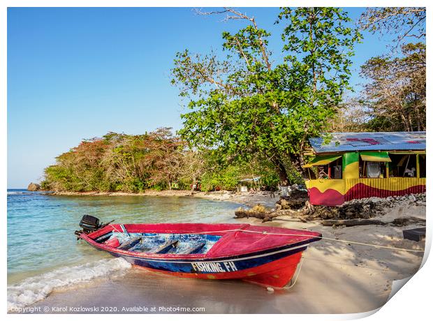 Fishing Boat at Winnifred Beach, Jamaica Print by Karol Kozlowski