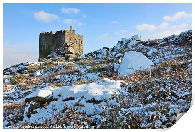 Carn Brea Castle in the snow Print by Andrew Ray
