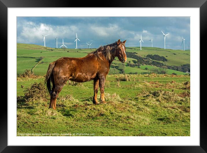 Brown Horse with backdrop of wind turbines south Wales  Framed Mounted Print by Nick Jenkins