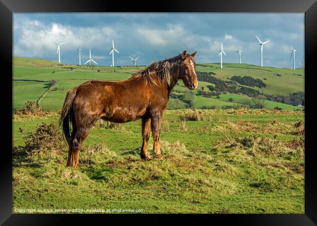 Brown Horse with backdrop of wind turbines south Wales  Framed Print by Nick Jenkins