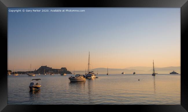 Corfu Town Seascape, at sunrise Framed Print by Gary Parker