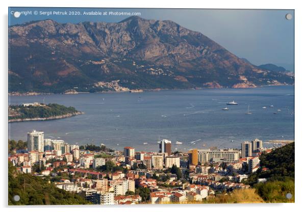 View of the modern city of Budva Riviera on the background of a sea bay and a mountain chain Acrylic by Sergii Petruk