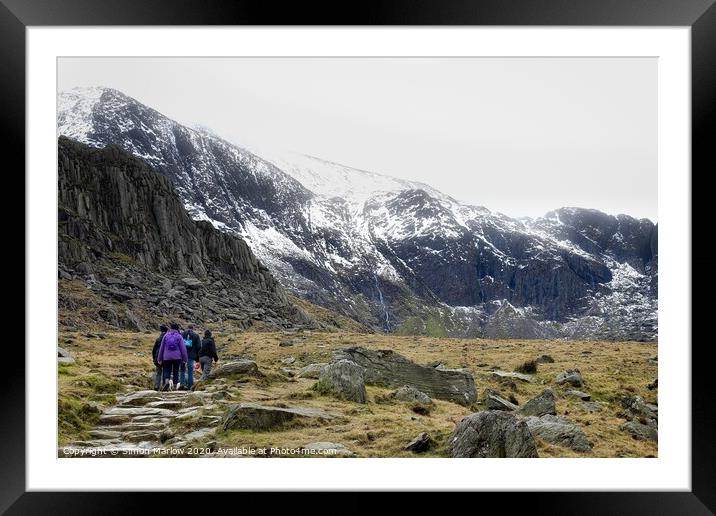 Hiking at Llyn Idwal in Snowdonia National Park, W Framed Mounted Print by Simon Marlow