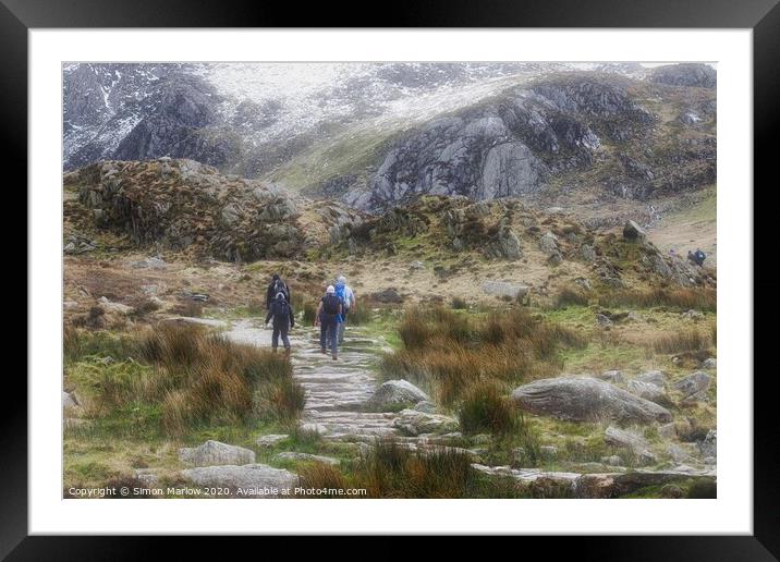 Hiking at Llyn Idwal in Snowdonia National Park, W Framed Mounted Print by Simon Marlow