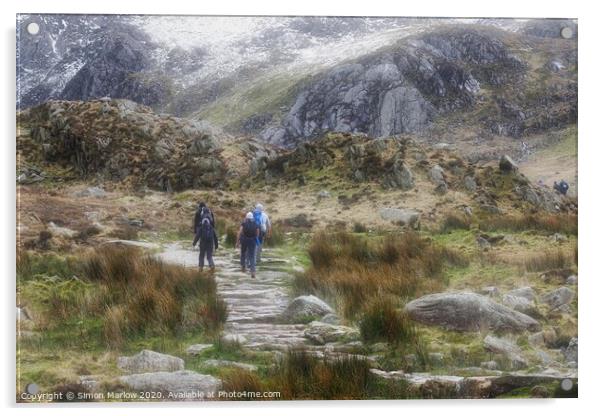 Hiking at Llyn Idwal in Snowdonia National Park, W Acrylic by Simon Marlow