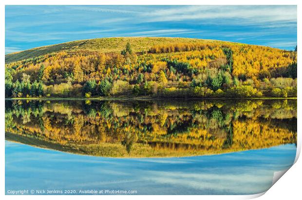 Hill and Trees reflected in Pontsticill Reservoir Print by Nick Jenkins