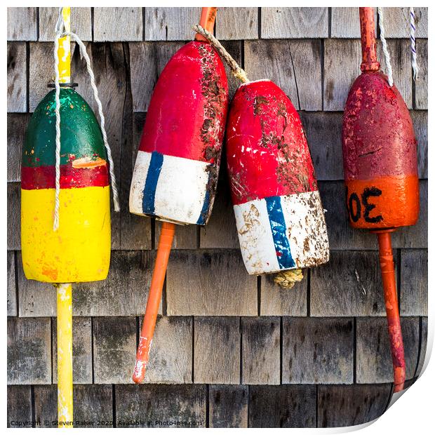 Lobster Buoys on Shingle Wall - Cape Neddick -  Ma Print by Steven Ralser