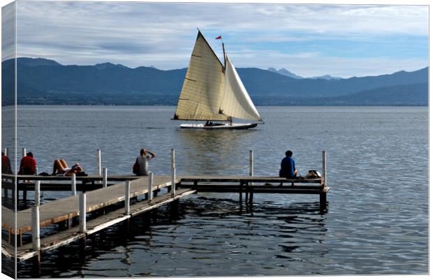 Sailing on Lake Geneva at Plage de Perroy Canvas Print by Jeremy Hayden