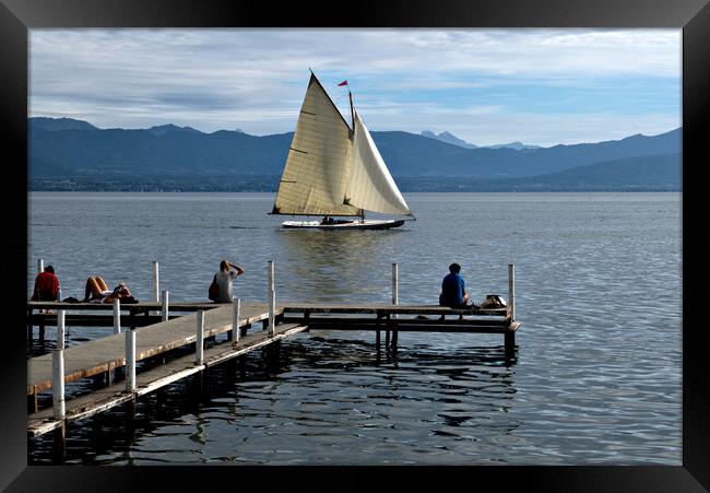 Sailing on Lake Geneva at Plage de Perroy Framed Print by Jeremy Hayden