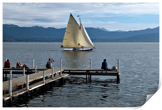 Sailing on Lake Geneva at Plage de Perroy Print by Jeremy Hayden