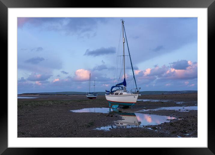 yachts moored on Instow beach at dusk Framed Mounted Print by Tony Twyman