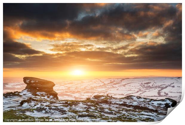 Stunning Winter sunset over snow covered Winter landscape in Peak District Print by Matthew Gibson