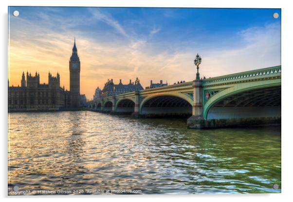 London attractions Big Ben and Westminster Bridge landscape during a Winter sunset Acrylic by Matthew Gibson