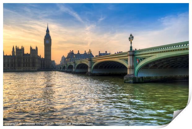 London attractions Big Ben and Westminster Bridge landscape during a Winter sunset Print by Matthew Gibson