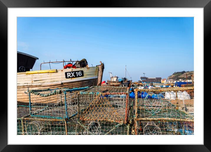 Old Fishing boats and equipment on Hastings beach landscape at dawn Framed Mounted Print by Matthew Gibson