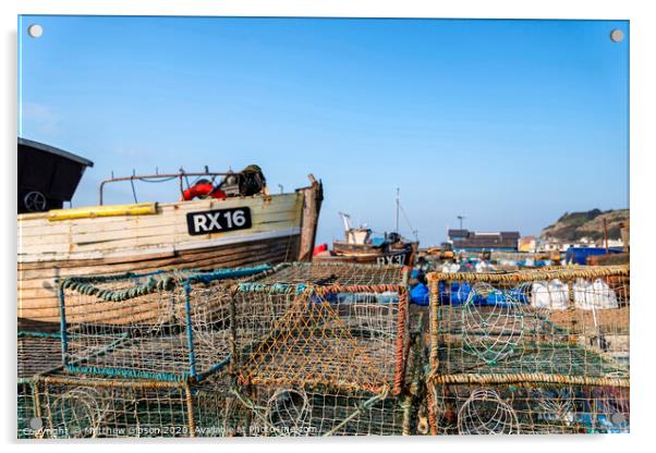 Old Fishing boats and equipment on Hastings beach landscape at dawn Acrylic by Matthew Gibson