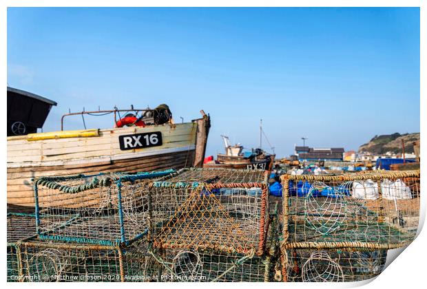 Old Fishing boats and equipment on Hastings beach landscape at dawn Print by Matthew Gibson