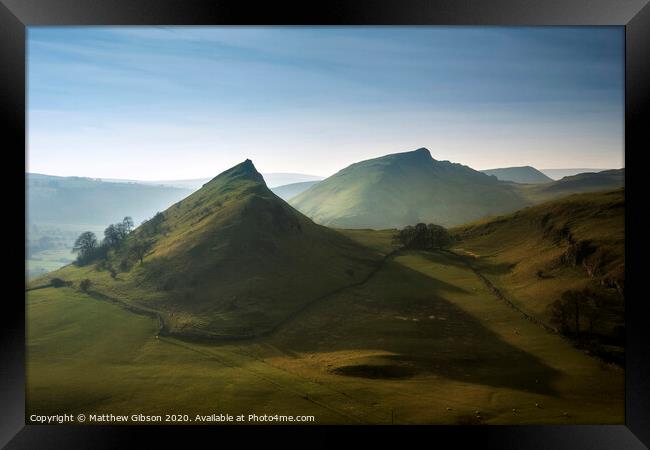 Beautiful landscape image of Parkhouse Hill and Chrome Hill in Peak District at sunset Framed Print by Matthew Gibson