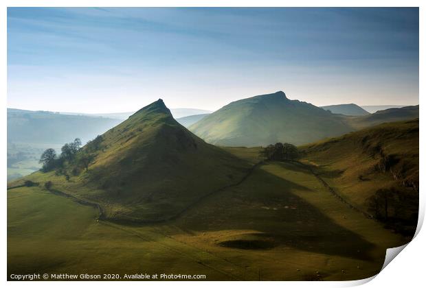 Beautiful landscape image of Parkhouse Hill and Chrome Hill in Peak District at sunset Print by Matthew Gibson