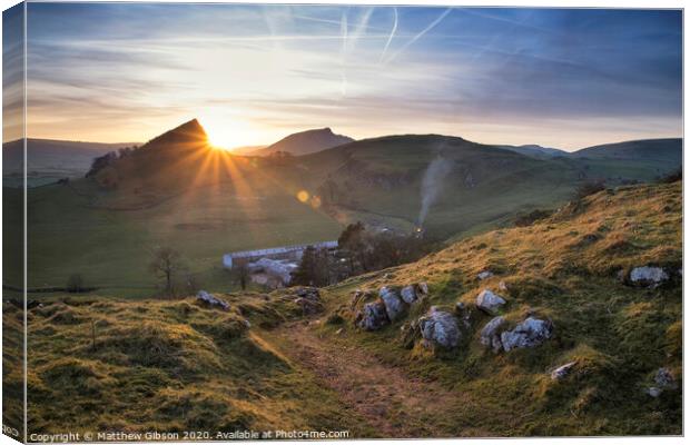Beautiful landscape image of Parkhouse Hill and Chrome Hill in Peak District at sunset Canvas Print by Matthew Gibson