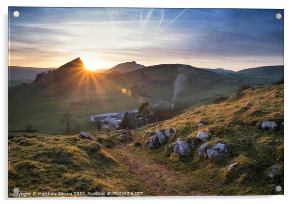 Beautiful landscape image of Parkhouse Hill and Chrome Hill in Peak District at sunset Acrylic by Matthew Gibson
