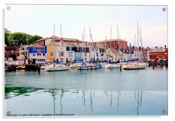Yachts and reflections by the quay at Weymouth in Dorset. Acrylic by john hill