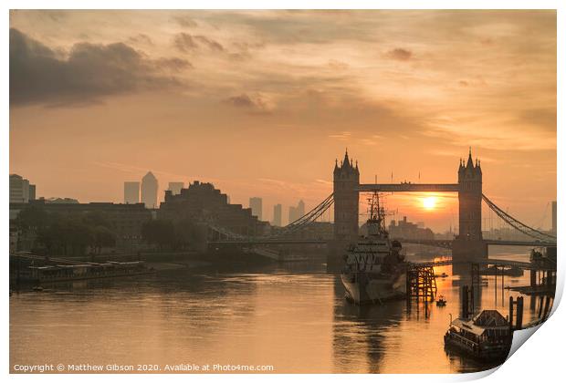 Beautiful Autumn sunrise landscape of Tower Bridge and River Thames in London Print by Matthew Gibson