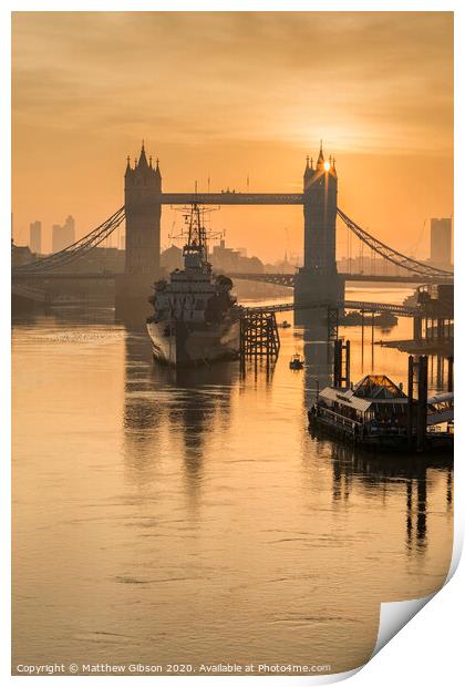 Beautiful Autumn sunrise landscape of Tower Bridge and River Thames in London Print by Matthew Gibson