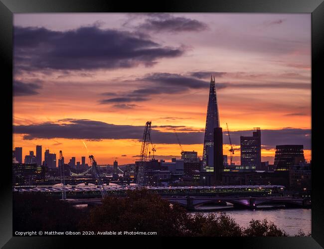 Epic dawn sunrise landscape cityscape over London city sykline looking East along River Thames Framed Print by Matthew Gibson