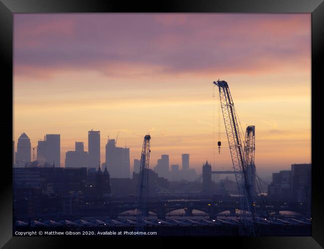 Epic dawn sunrise landscape cityscape over London city sykline looking East along River Thames Framed Print by Matthew Gibson