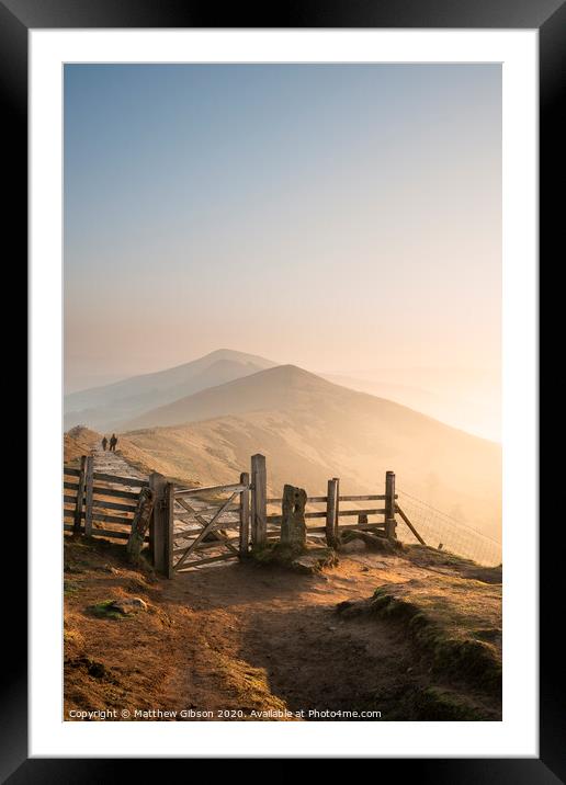 Stunning Winter sunrise landscape image of The Great Ridge in the Peak District in England with a cloud inversion and mist in the Hope Valley with a lovely orange glow Framed Mounted Print by Matthew Gibson