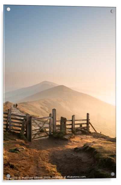 Stunning Winter sunrise landscape image of The Great Ridge in the Peak District in England with a cloud inversion and mist in the Hope Valley with a lovely orange glow Acrylic by Matthew Gibson