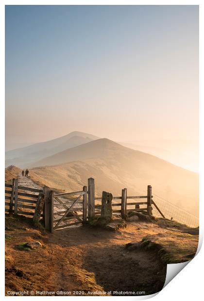 Stunning Winter sunrise landscape image of The Great Ridge in the Peak District in England with a cloud inversion and mist in the Hope Valley with a lovely orange glow Print by Matthew Gibson